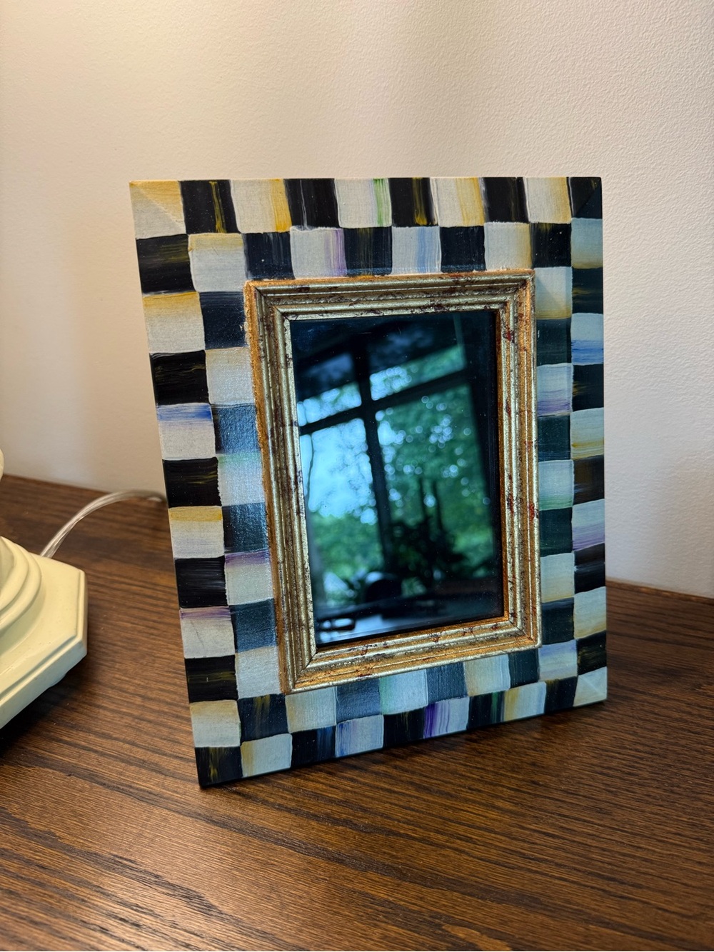 MacKenzie-Childs Hand-Painted Checkered Frame in Black, White, Gold, Purple